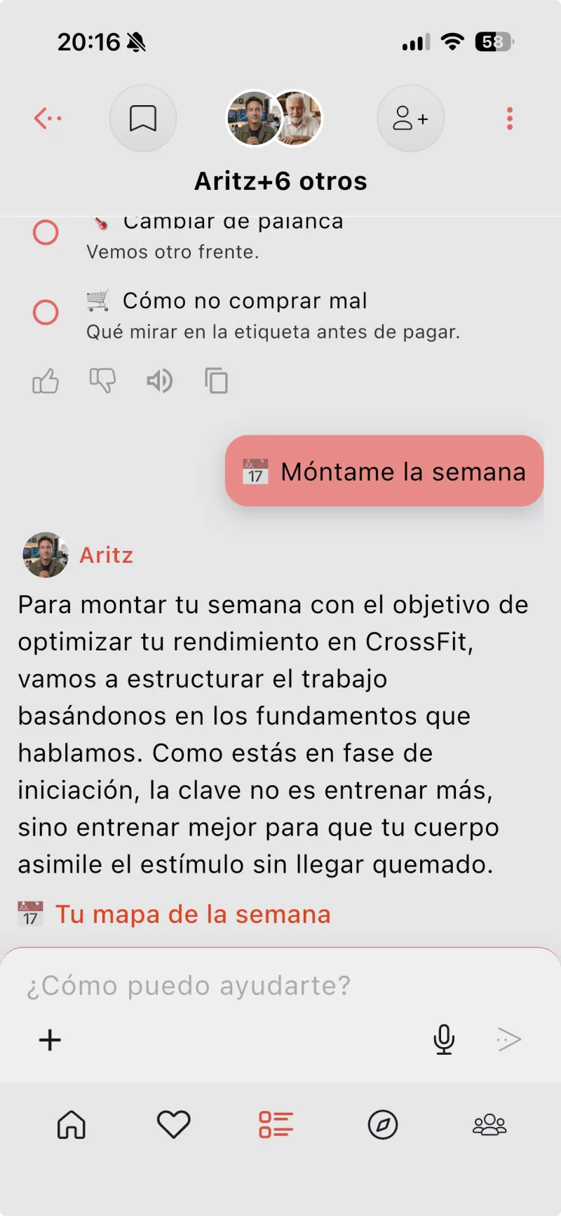 Chat grupal de la app Naiara con Aritz y 6 participantes más planificando una semana de entrenamiento