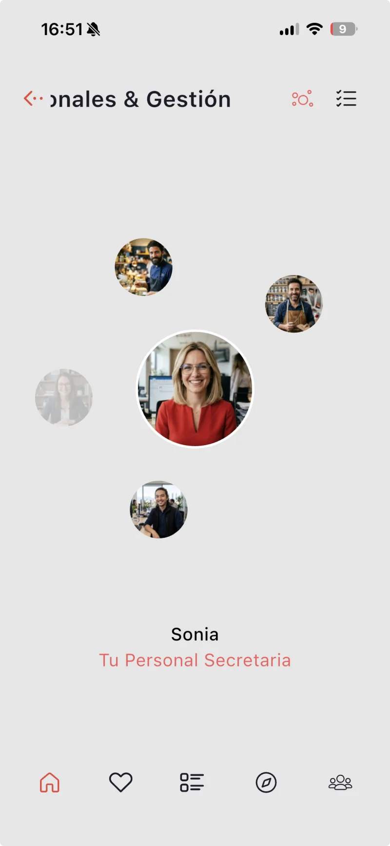 Pantalla de la app Naiara con Sonia, Tu Secretaria Personal, rodeada de los especialistas de su red